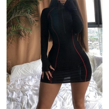 KGFIGU Long sleeve bodycon dress for Women With Zipper Casual cotton Mini Vestidos Womens Clothing Out-going Dresses